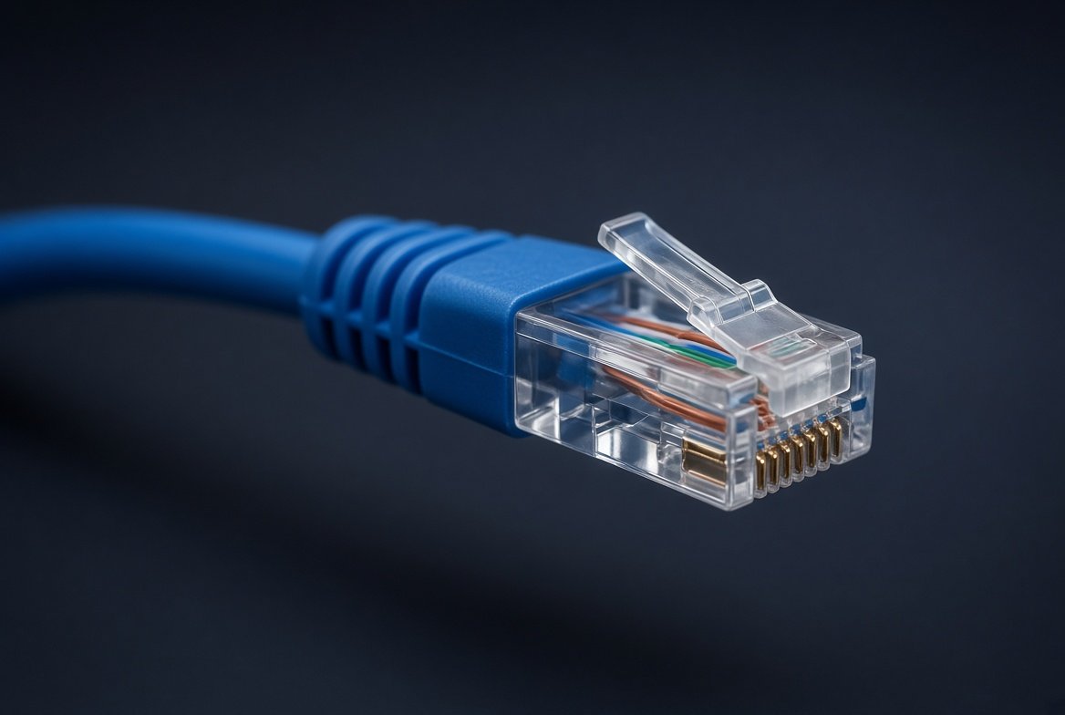 RJ45 단자가 보이는 파란색 유선랜 케이블 클로즈업