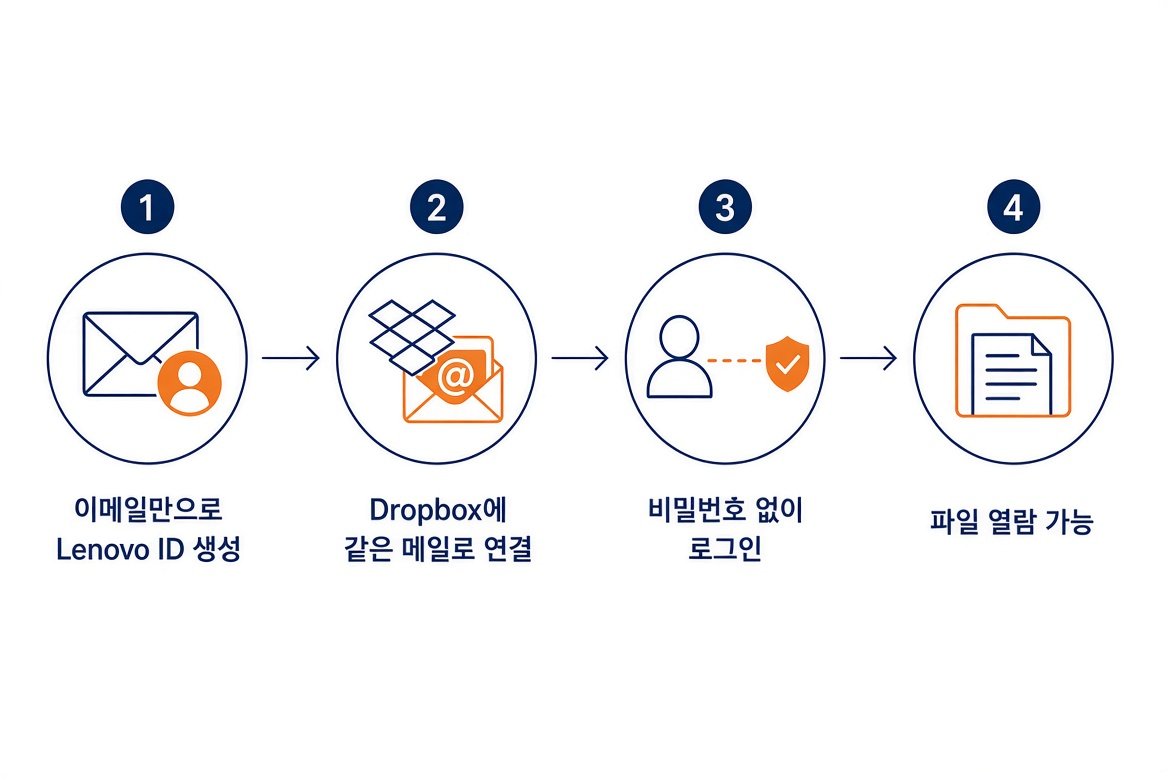 이메일로 Lenovo ID를 만든 뒤 Dropbox에 비밀번호 없이 로그인하는 4단계 경로