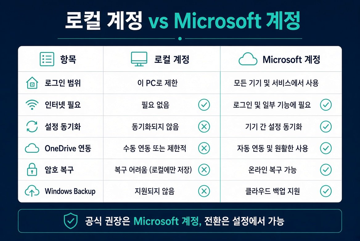 Windows 11 로컬 계정과 Microsoft 계정 기능 비교표