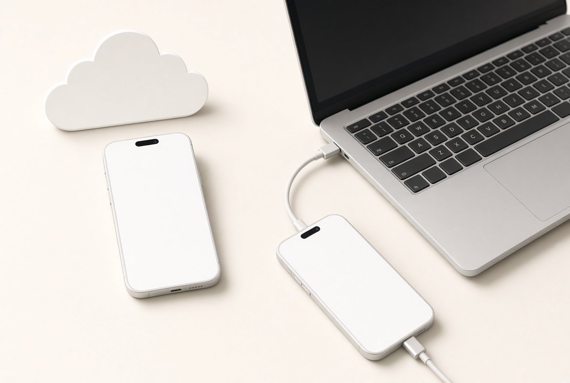 아이폰 iCloud 백업과 컴퓨터 연결 백업을 나란히 둔 비교 장면