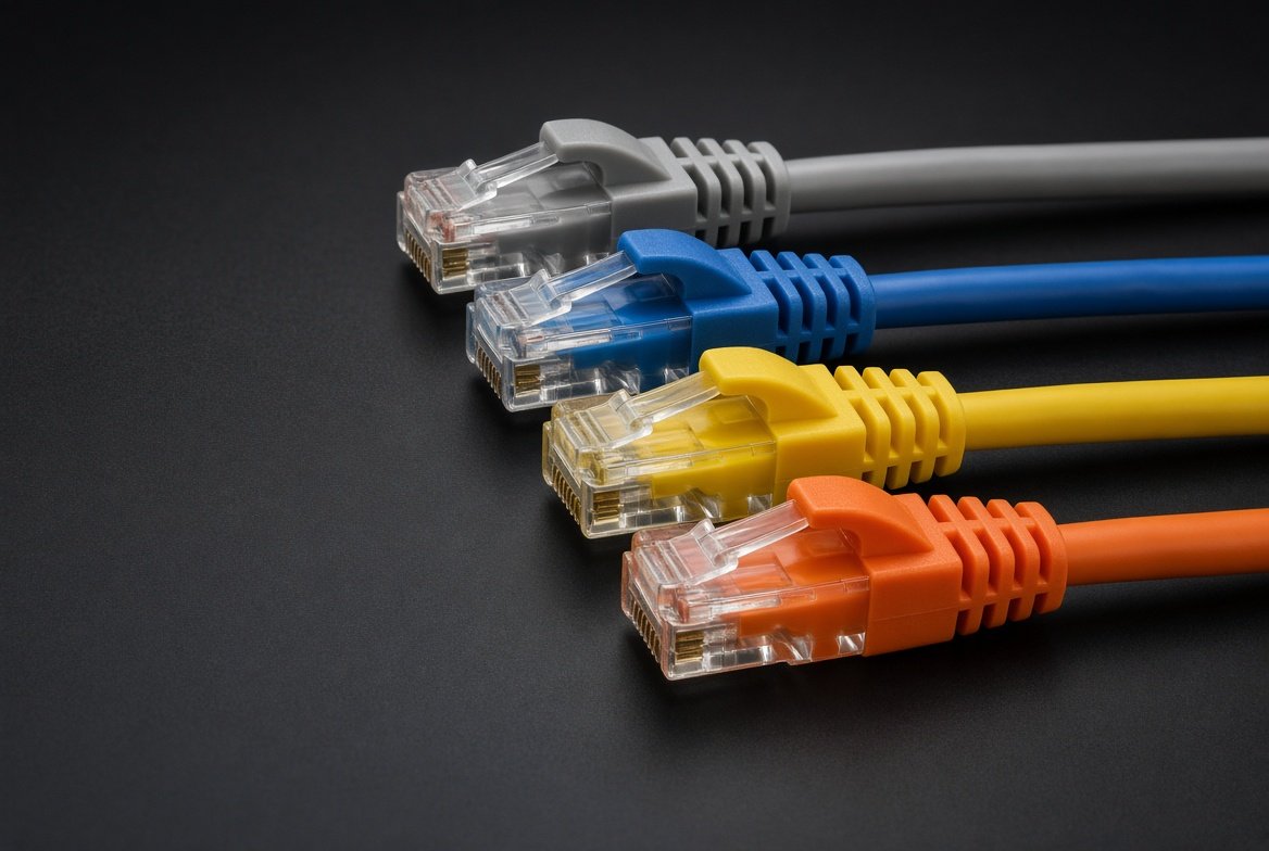 회색 파랑 노랑 주황 RJ45 커넥터가 나란히 놓인 랜선