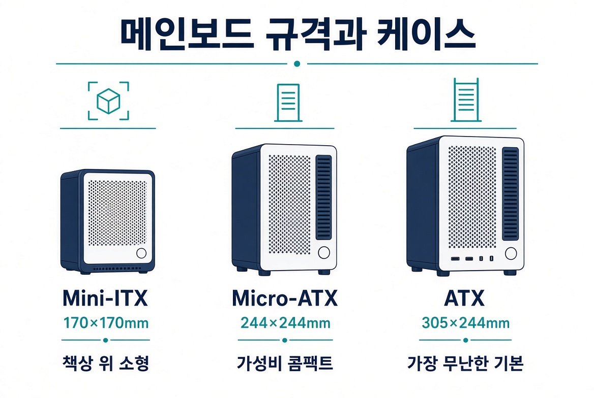 Mini-ITX, Micro-ATX, ATX 메인보드 규격과 케이스 크기 비교