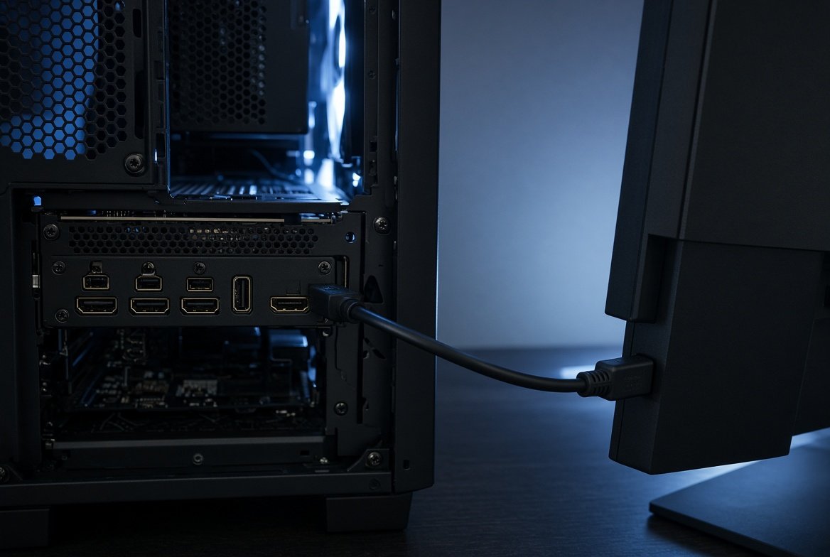 그래픽카드 후면의 HDMI·DisplayPort 단자와 모니터로 이어진 케이블