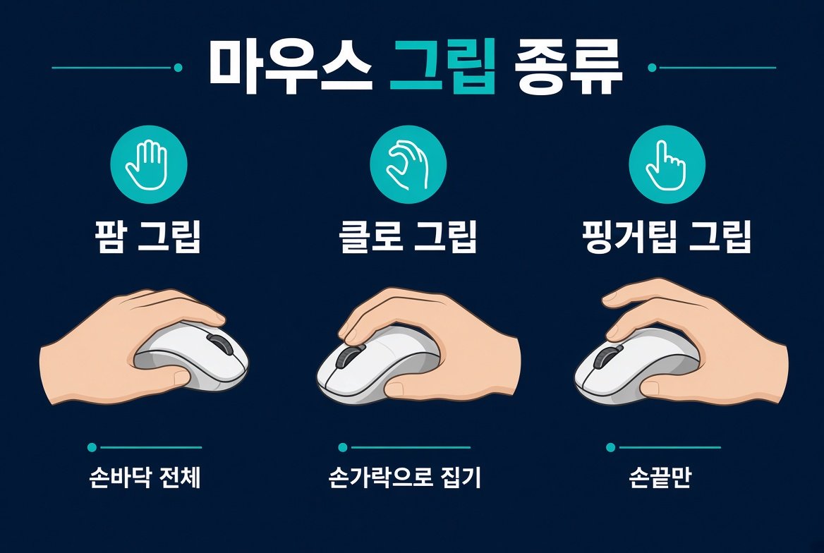 팜 그립, 클로 그립, 핑거팁 그립 세 가지 마우스 잡는 법