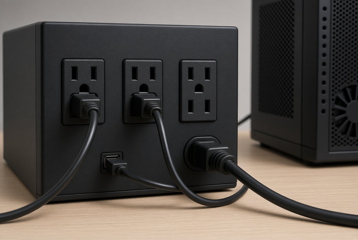 UPS 뒷면의 배터리 백업 콘센트와 USB 통신 케이블 연결