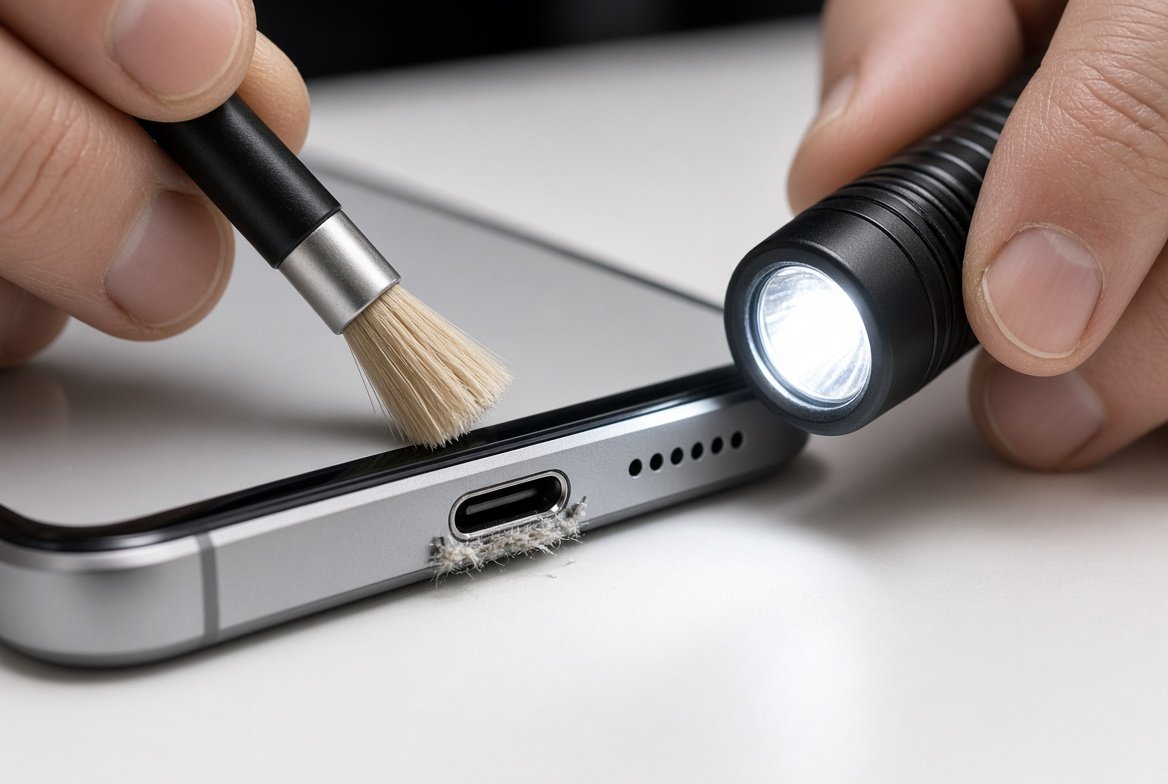 손전등으로 아이폰 USB-C 충전 포트의 보푸라기를 확인하고 부드러운 솔로 청소하는 장면