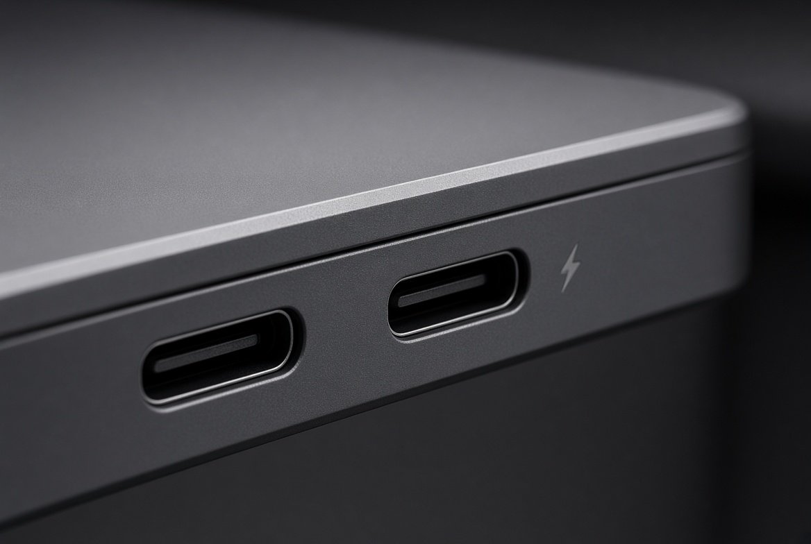 노트북 옆면의 일반 USB-C 포트와 번개 표시가 있는 Thunderbolt 포트