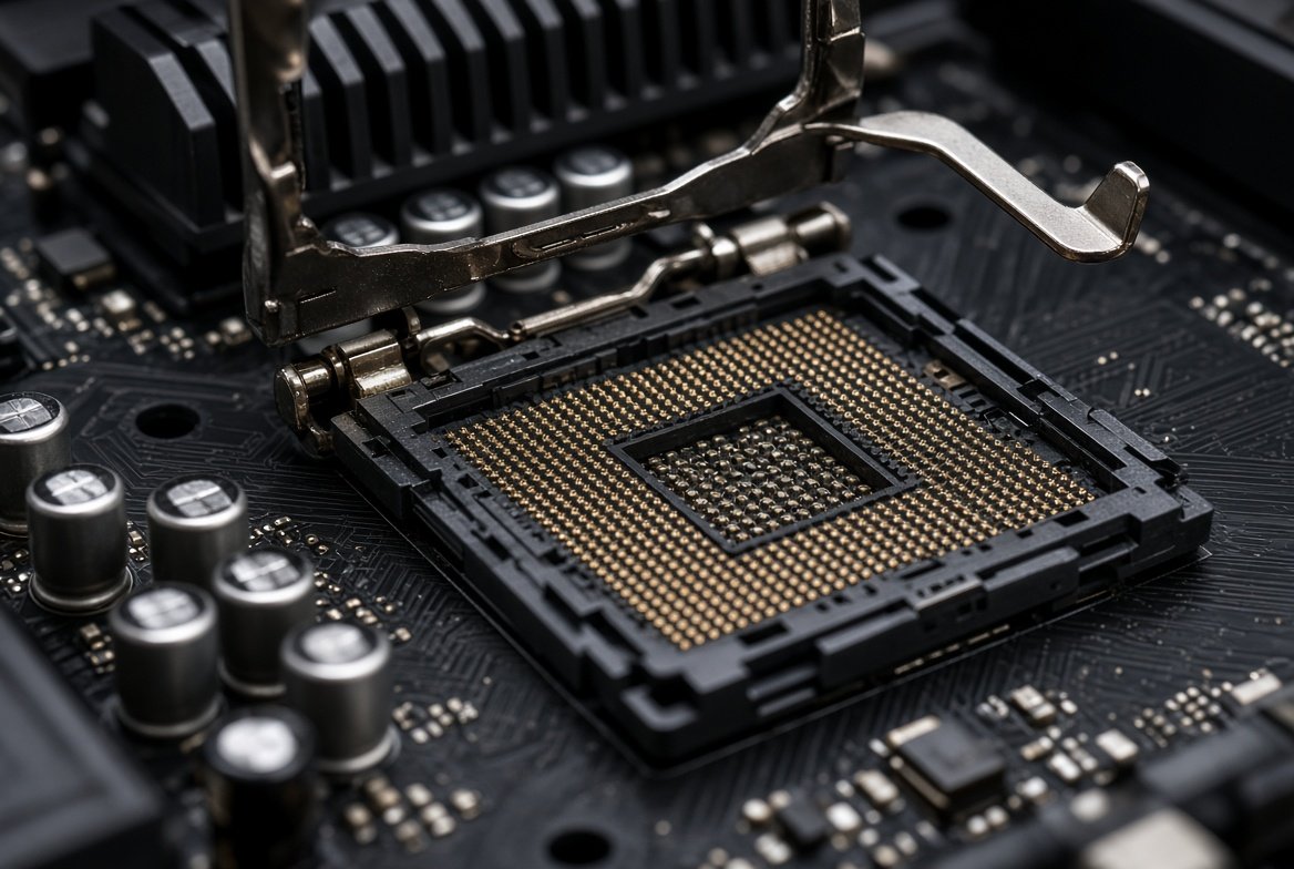 고정 레버가 열린 검은색 메인보드 CPU 소켓 확대