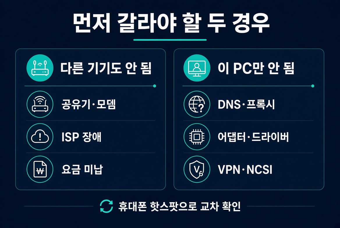 다른 기기도 안 되는 경우와 이 PC만 안 되는 경우 구분