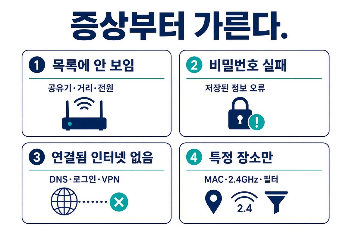 갤럭시 와이파이 연결 안됨 네 가지 증상, 목록 미검색, 비밀번호 실패, 연결됨 인터넷 없음, 특정 장소만