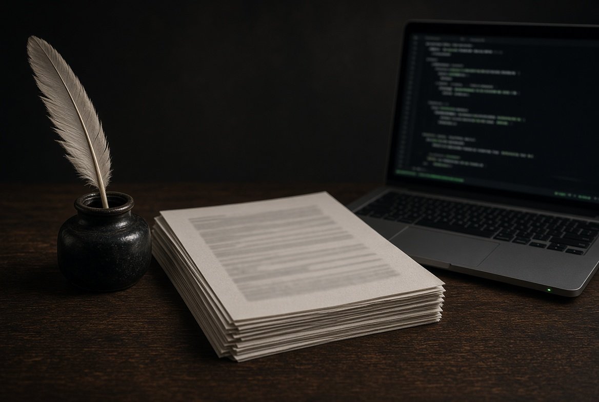 깃펜과 논문 더미, 코드가 열린 노트북이 한 테이블에 놓인 시대별 증명 매체 개념 이미지