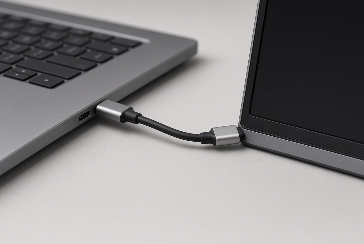 노트북과 휴대용 모니터를 연결한 USB-C 케이블 한 줄
