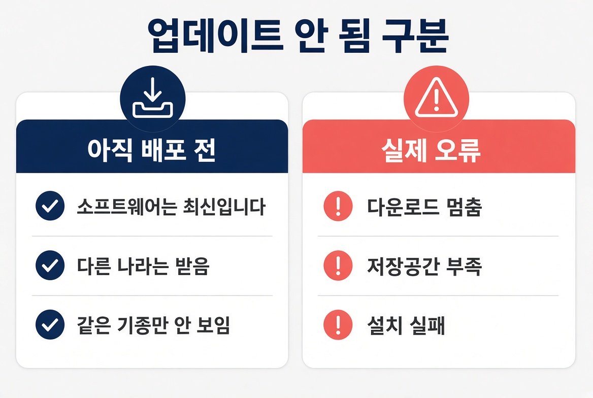 갤럭시 업데이트 안됨을 배포 전과 실제 오류로 구분하는 표