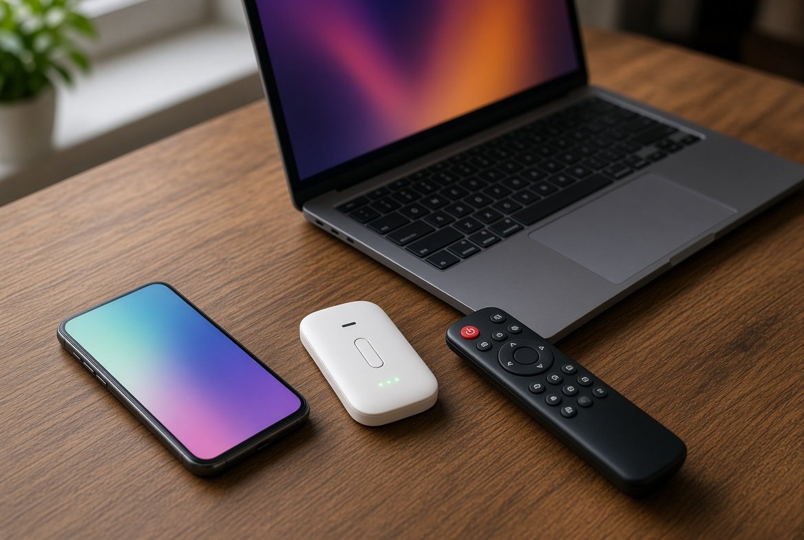 스마트폰과 노트북, 휴대용 핫스팟, TV 리모컨이 한 책상에 놓여 연결 기능이 겹친 상황을 보여 주는 이미지