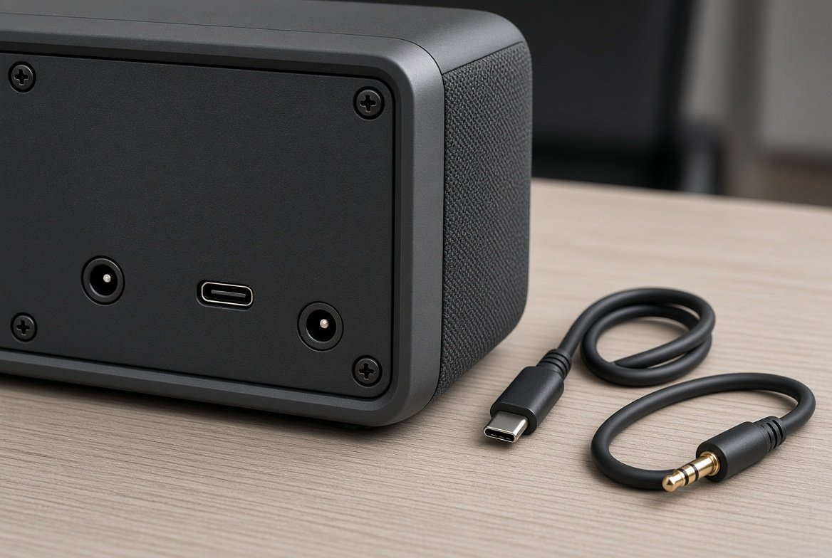 PC 스피커 후면의 USB-C와 3.5mm 단자와 케이블