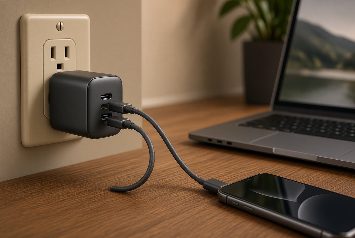 벽에 꽂힌 멀티포트 USB-C 충전기로 노트북과 휴대폰을 동시에 충전하는 장면
