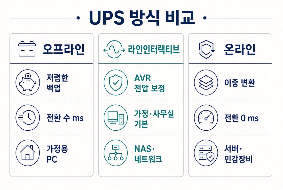 UPS 방식 비교. 오프라인, 라인인터랙티브, 온라인의 용도와 전환 특성