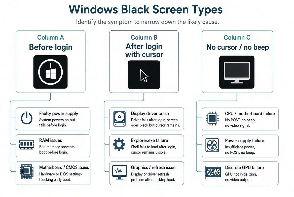 로그인 전후와 커서 유무로 나눈 Windows 검은 화면 유형
