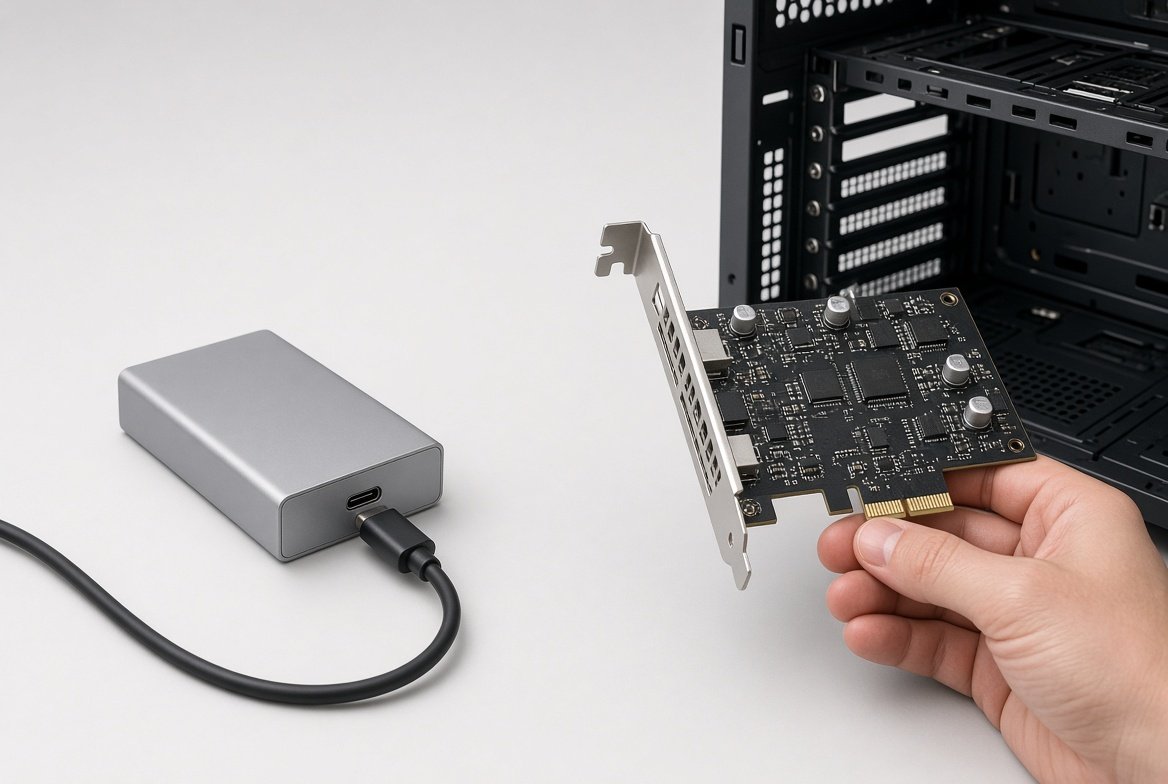 왼쪽은 USB-C 외장 캡처 박스, 오른쪽은 케이스가 열린 PC 옆의 PCIe 캡처카드