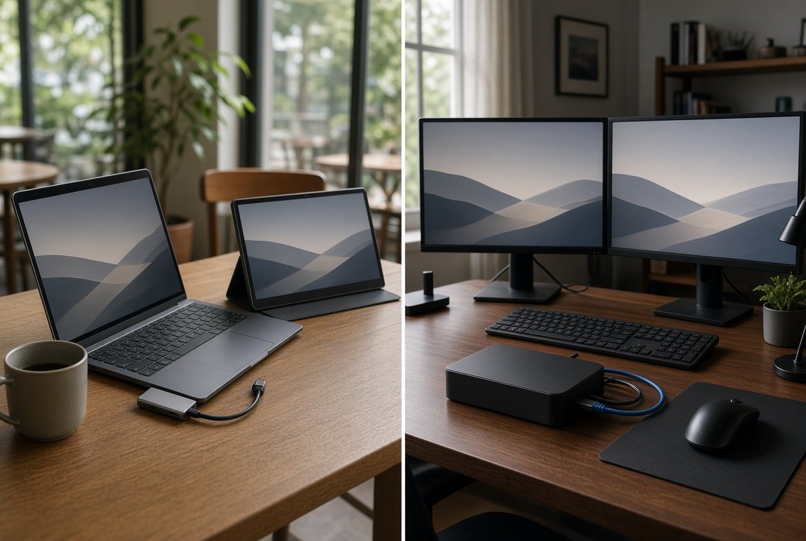 왼쪽은 카페에서 작은 USB-C 허브를 쓰는 노트북, 오른쪽은 듀얼 모니터와 도킹 스테이션이 있는 책상
