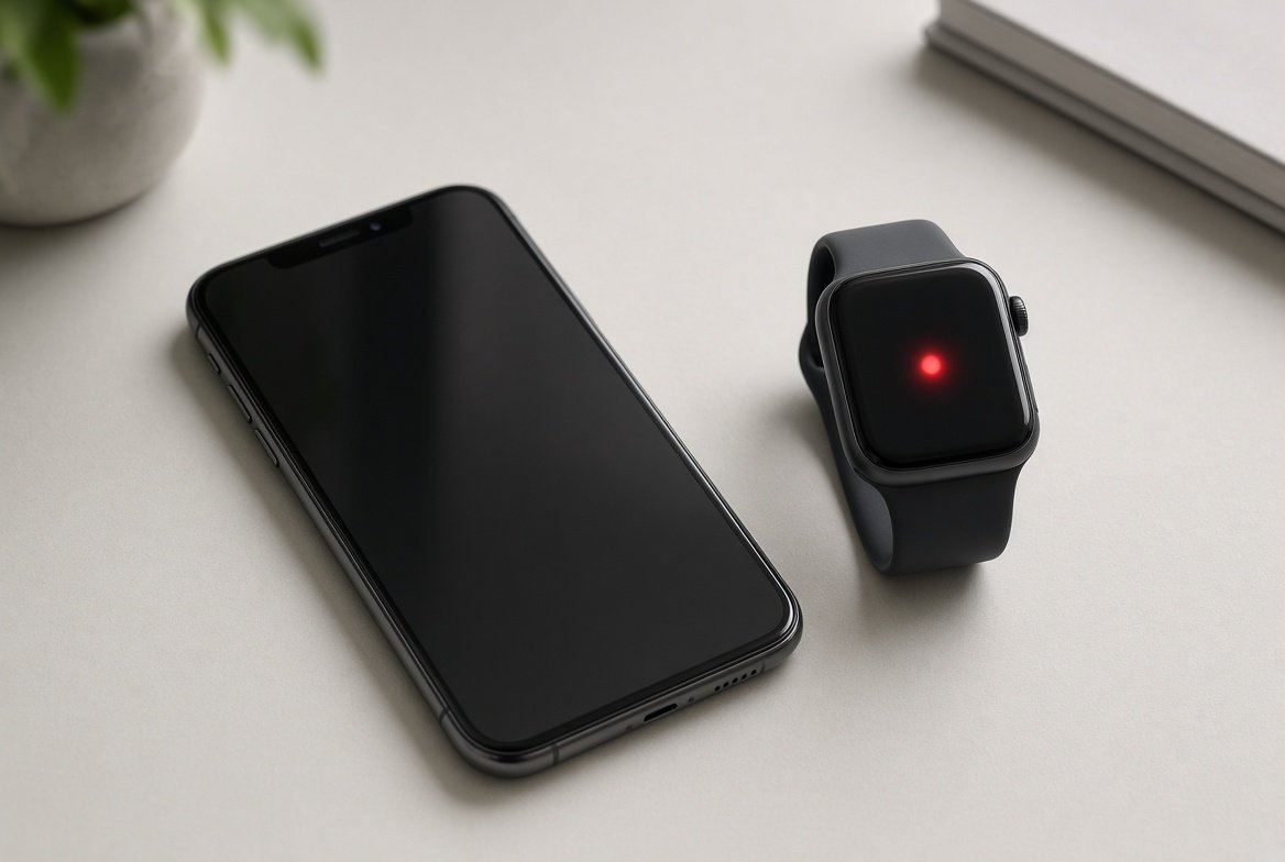 화면이 꺼진 아이폰 옆에 빨간 점만 켜진 Apple Watch