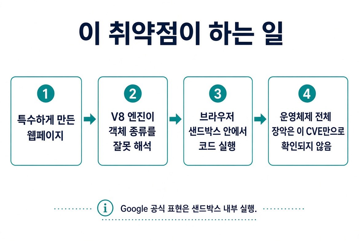 특수 웹페이지에서 V8 오해석, 샌드박스 내부 코드 실행까지 이어지고 운영체제 전체 장악은 확인되지 않음을 보여주는 네 칸 흐름