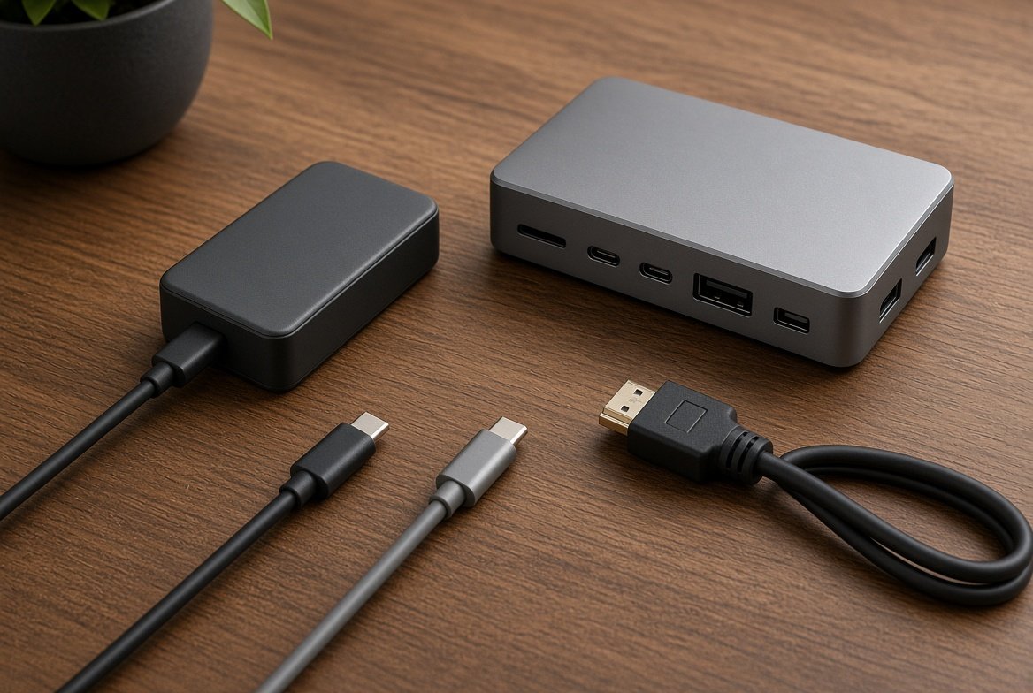 도킹 스테이션과 두께가 다른 USB-C 케이블, HDMI 케이블이 책상 위에 놓인 모습