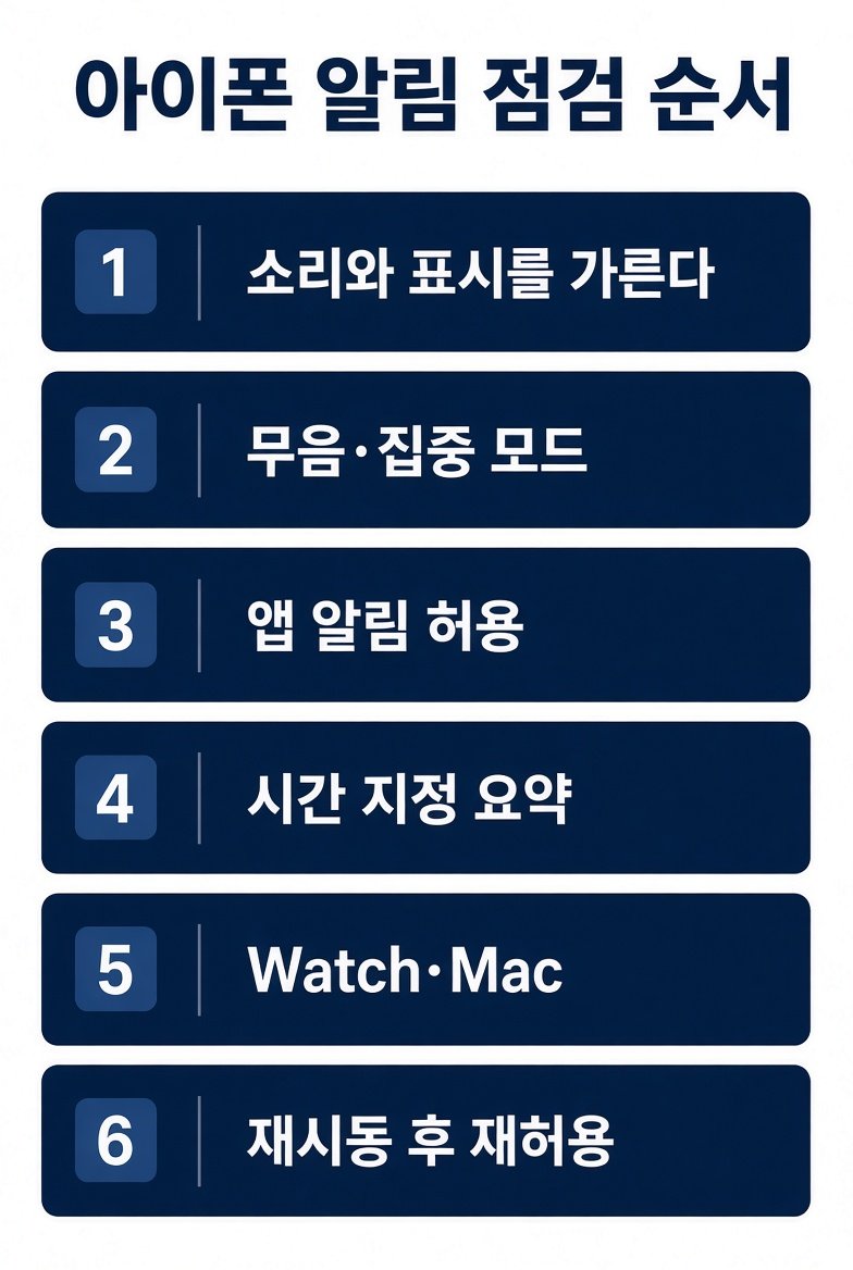 아이폰 알림 점검 순서 여섯 단계: 소리와 표시, 무음·집중 모드, 앱 알림 허용, 시간 지정 요약, Watch·Mac, 재시동 후 재허용