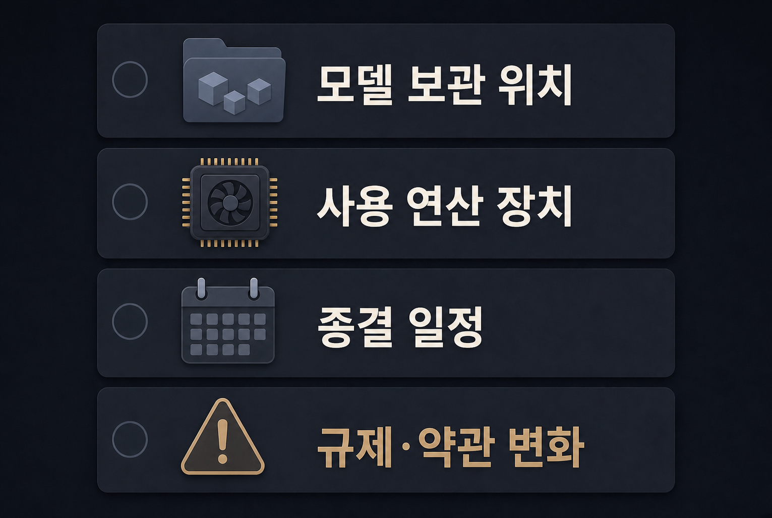 모델 보관, 연산 장치, 일정, 주의 항목을 아이콘으로 나열한 확인 목록 이미지