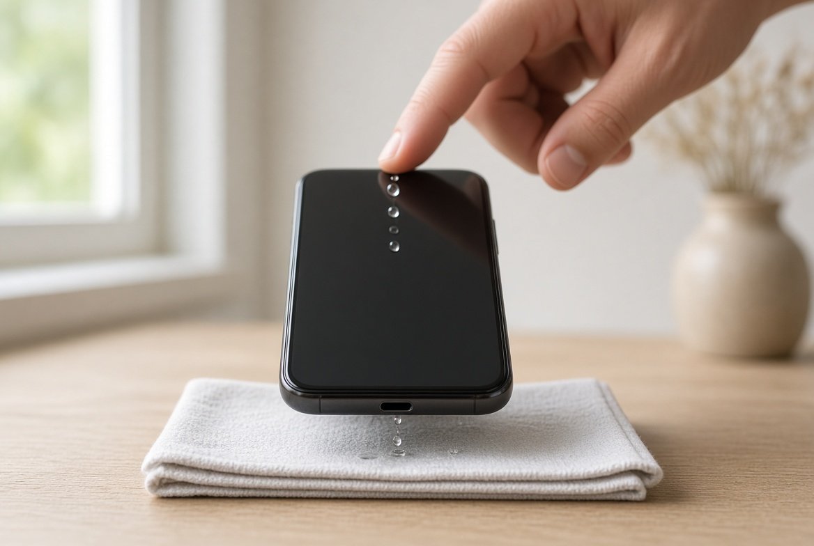 USB-C 포트를 아래로 향한 아이폰을 마른 천 위에서 가볍게 두드려 물기를 빼는 손