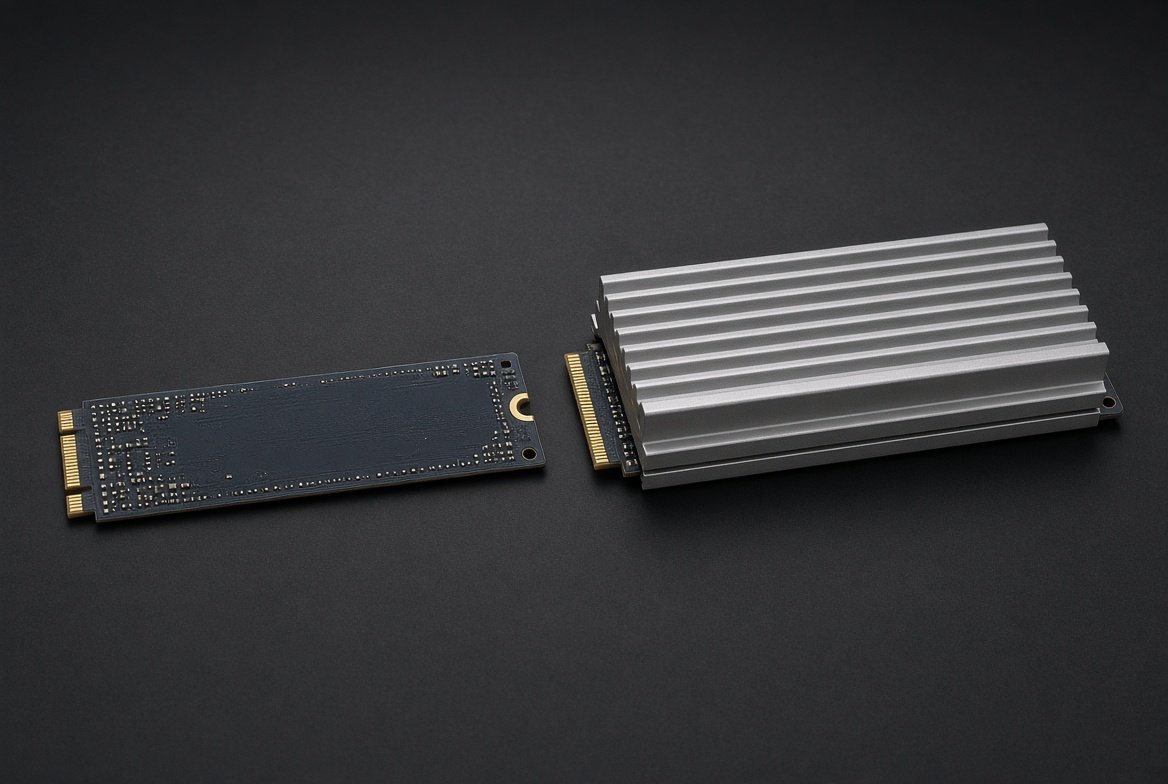 얇은 맨기판 NVMe SSD와 두꺼운 방열판 SSD를 나란히 비교한 사진
