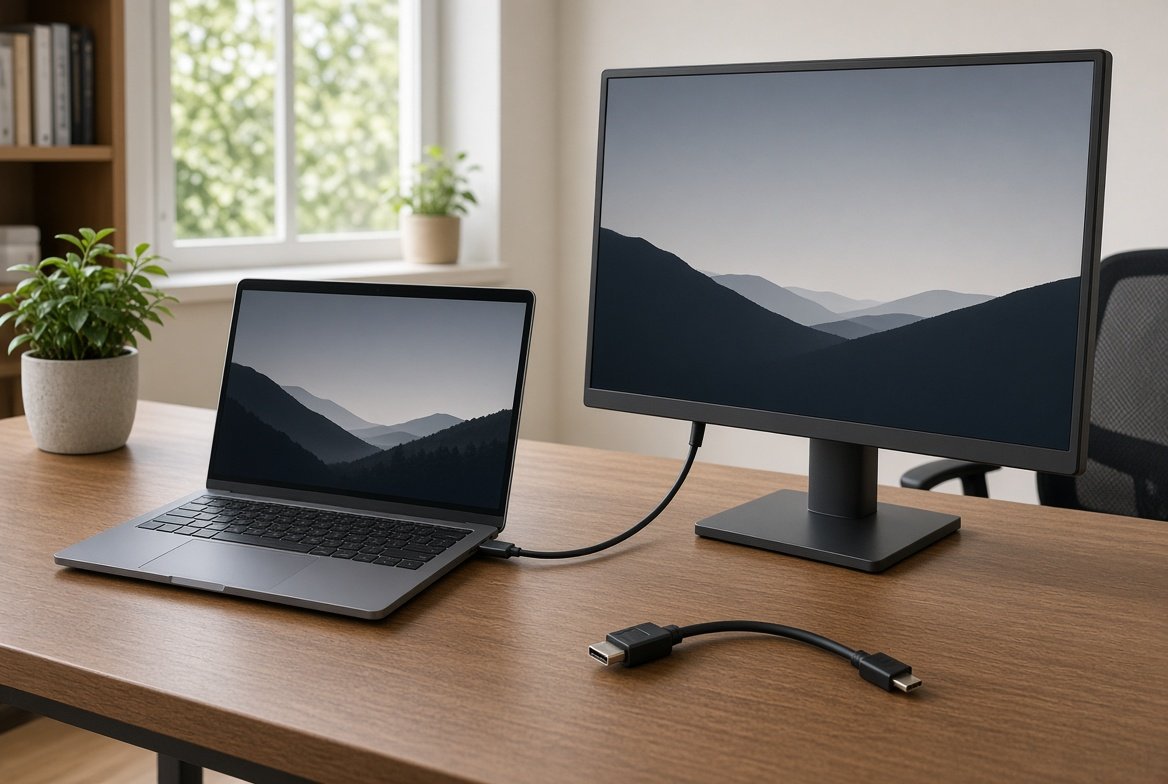 노트북 USB-C 한 줄로 외장 모니터를 연결한 책상