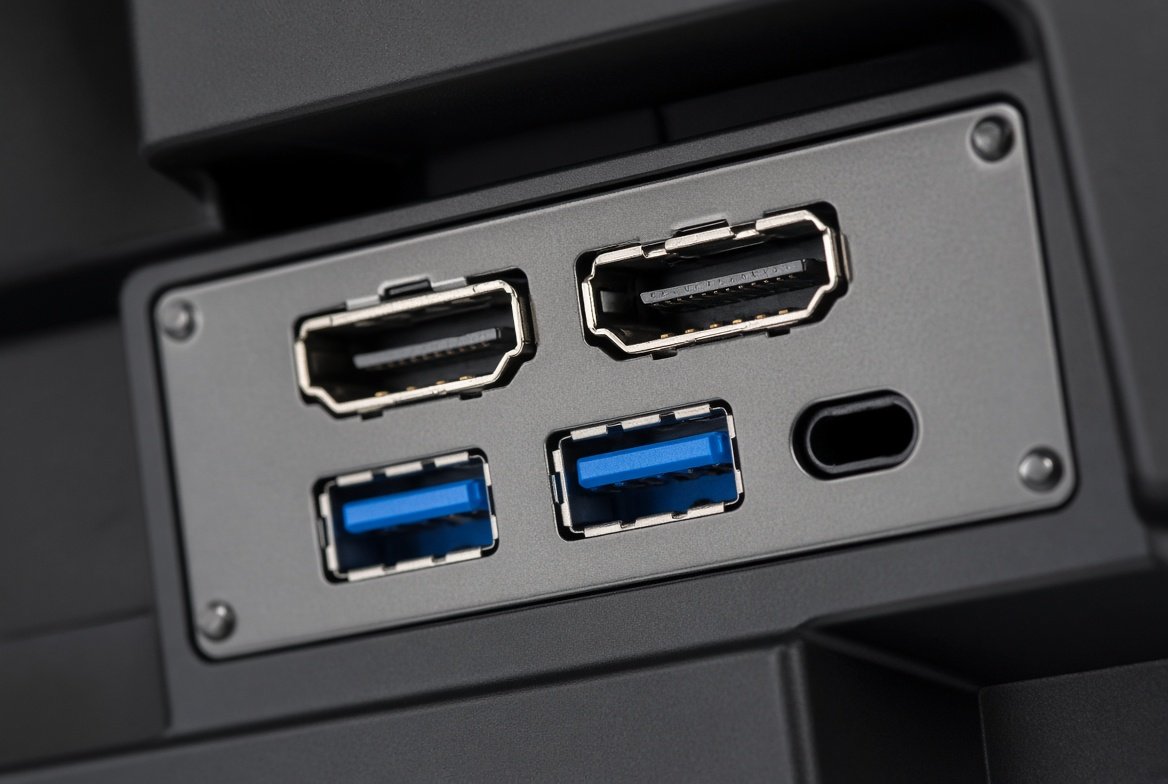 모니터 뒷면의 HDMI와 DisplayPort, USB 단자 클로즈업