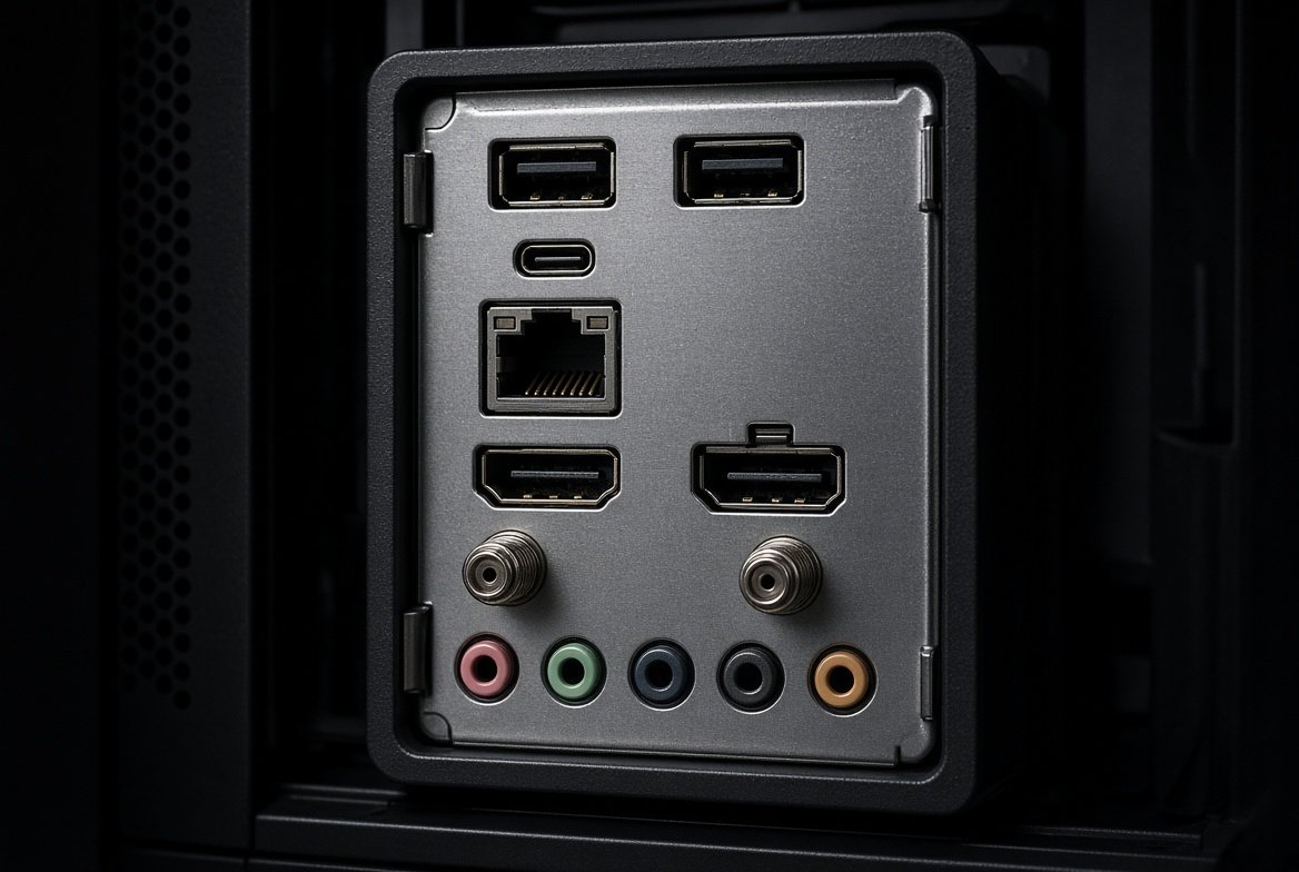 USB-A와 USB-C, 랜, HDMI, 디스플레이포트, 안테나, 오디오 단자가 모인 후면 패널