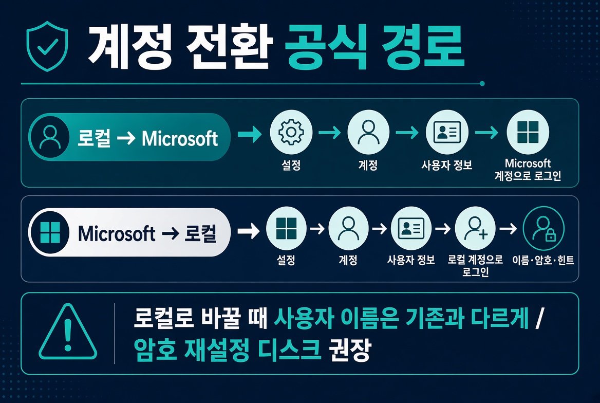 Windows 11 로컬과 Microsoft 계정 상호 전환 공식 경로