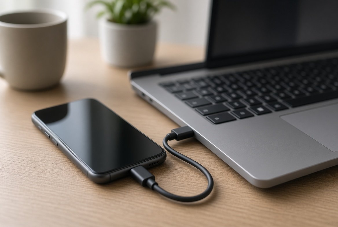 USB 케이블로 노트북과 스마트폰을 연결한 USB 테더링 장면