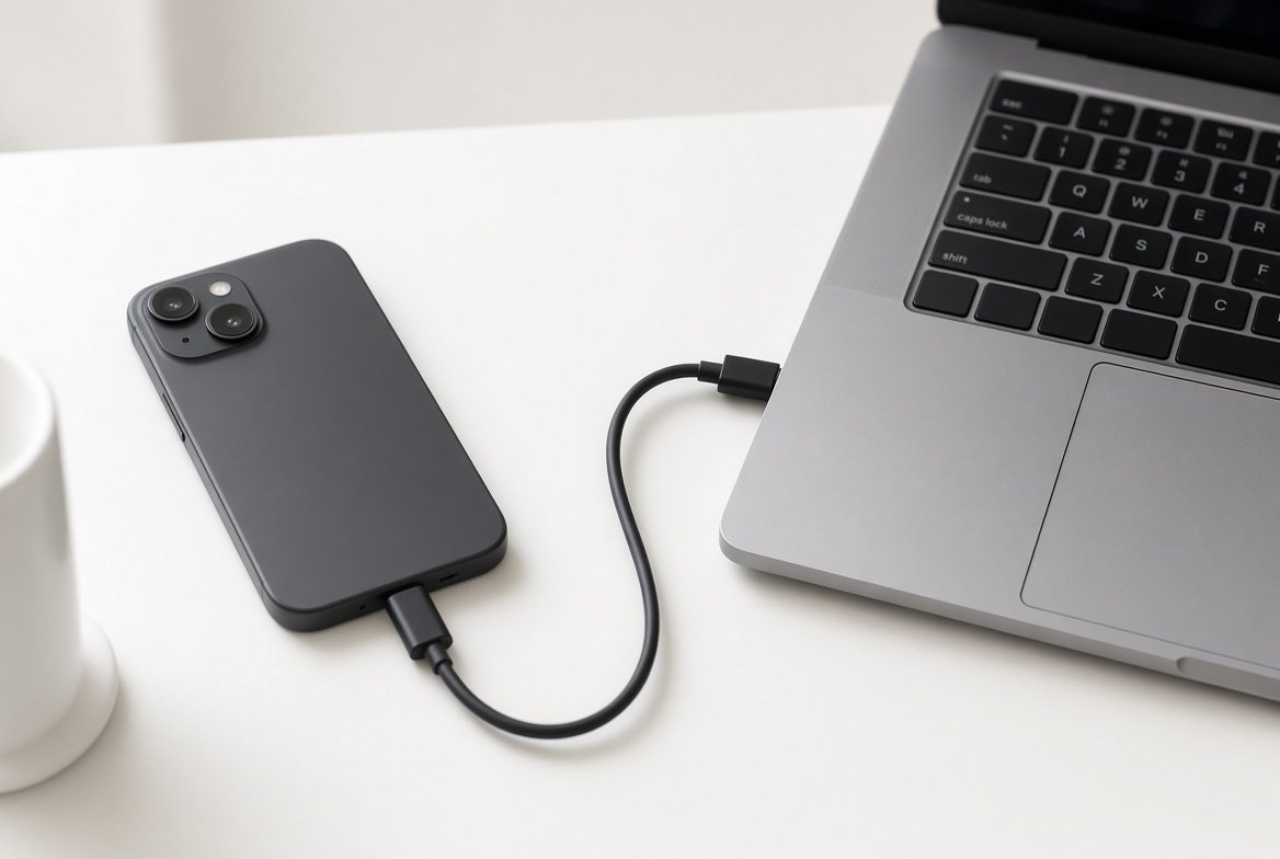 USB 케이블로 아이폰과 노트북을 연결한 유선 테더링 장면