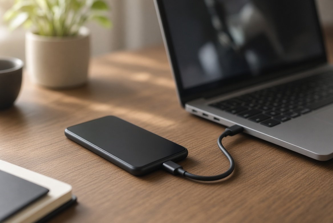 갤럭시를 USB 케이블로 노트북에 연결해 스마트 스위치 업데이트를 준비하는 모습
