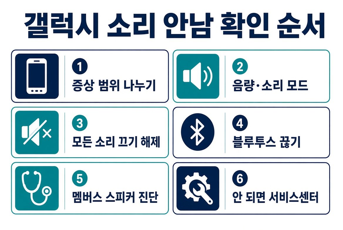 갤럭시 소리 안남 확인 순서 여섯 단계 안내 이미지