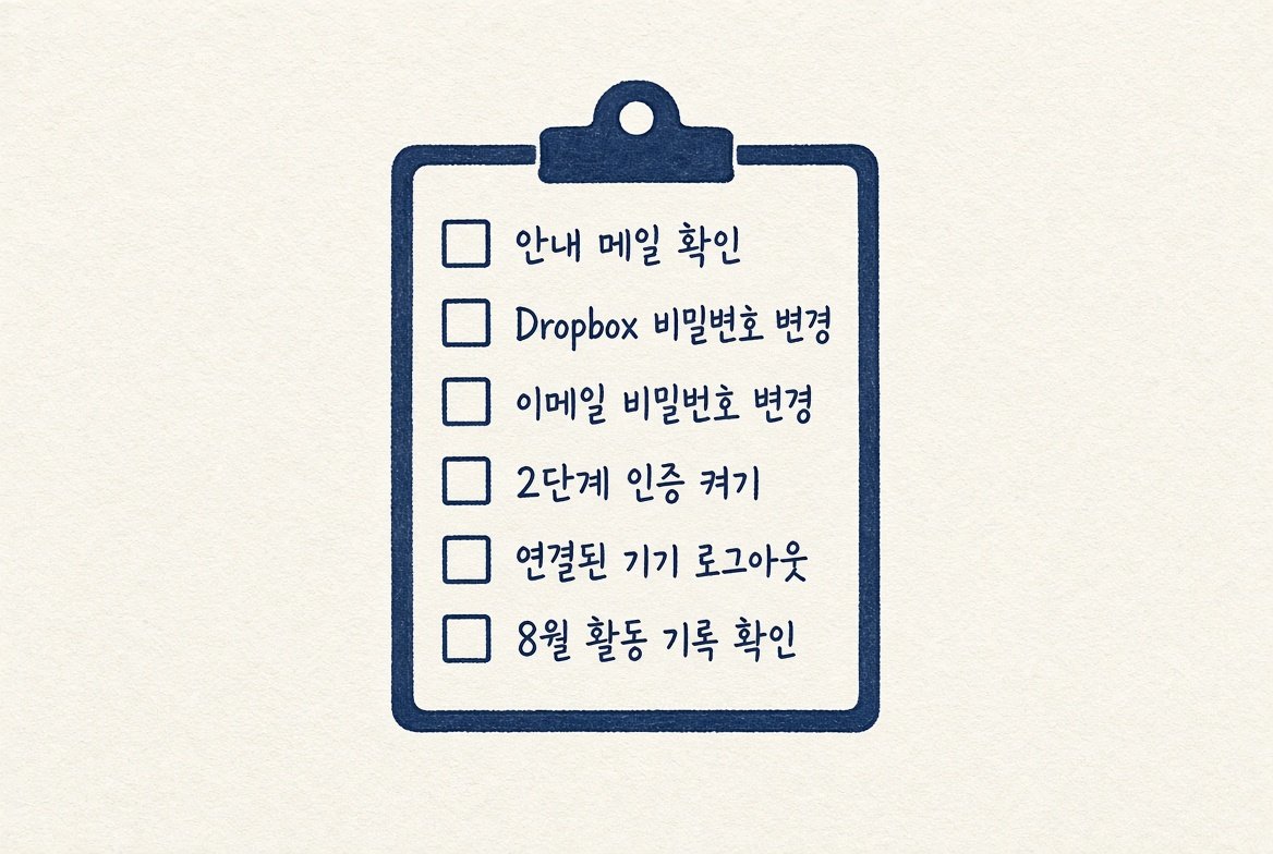 Dropbox 해킹 이후 안내 메일, 비밀번호, 2단계 인증, 기기 로그아웃을 점검하는 목록