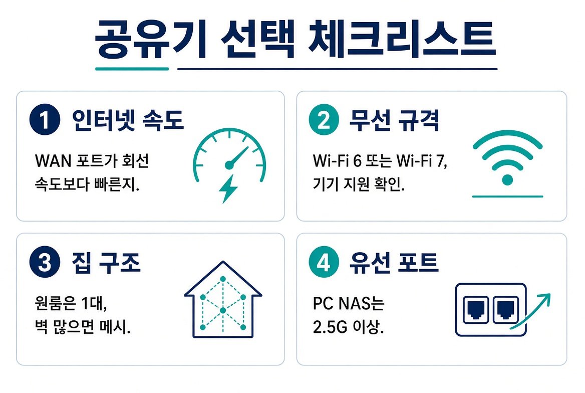 공유기 선택 체크리스트. 인터넷 속도, 무선 규격, 집 구조, 유선 포트 네 항목