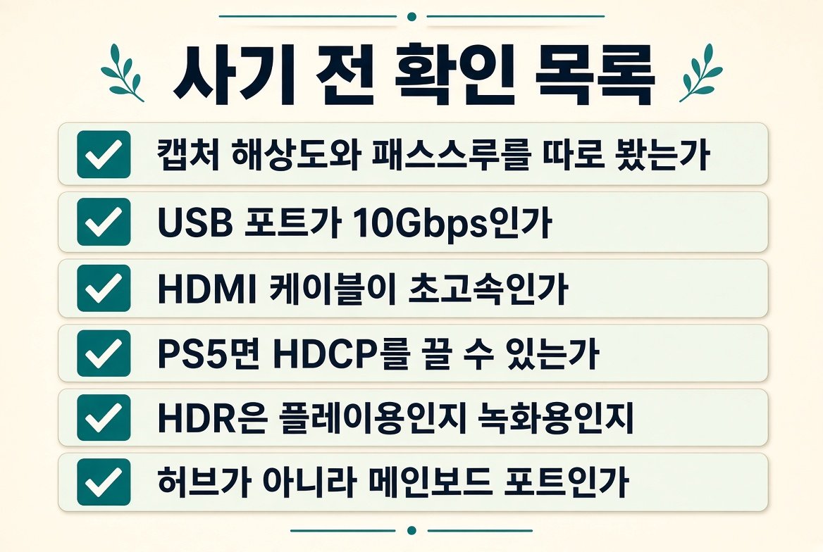 사기 전 확인 목록. 캡처와 패스스루, USB 10Gbps, HDMI 케이블, HDCP, HDR, 메인보드 포트