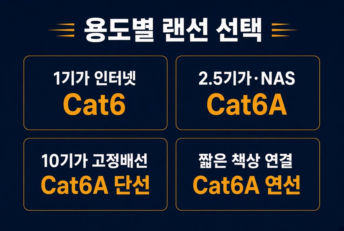 용도별 랜선 선택. 1기가 인터넷은 Cat6, 2.5기가와 NAS는 Cat6A, 10기가 고정배선은 Cat6A 단선, 짧은 책상 연결은 Cat6A 연선