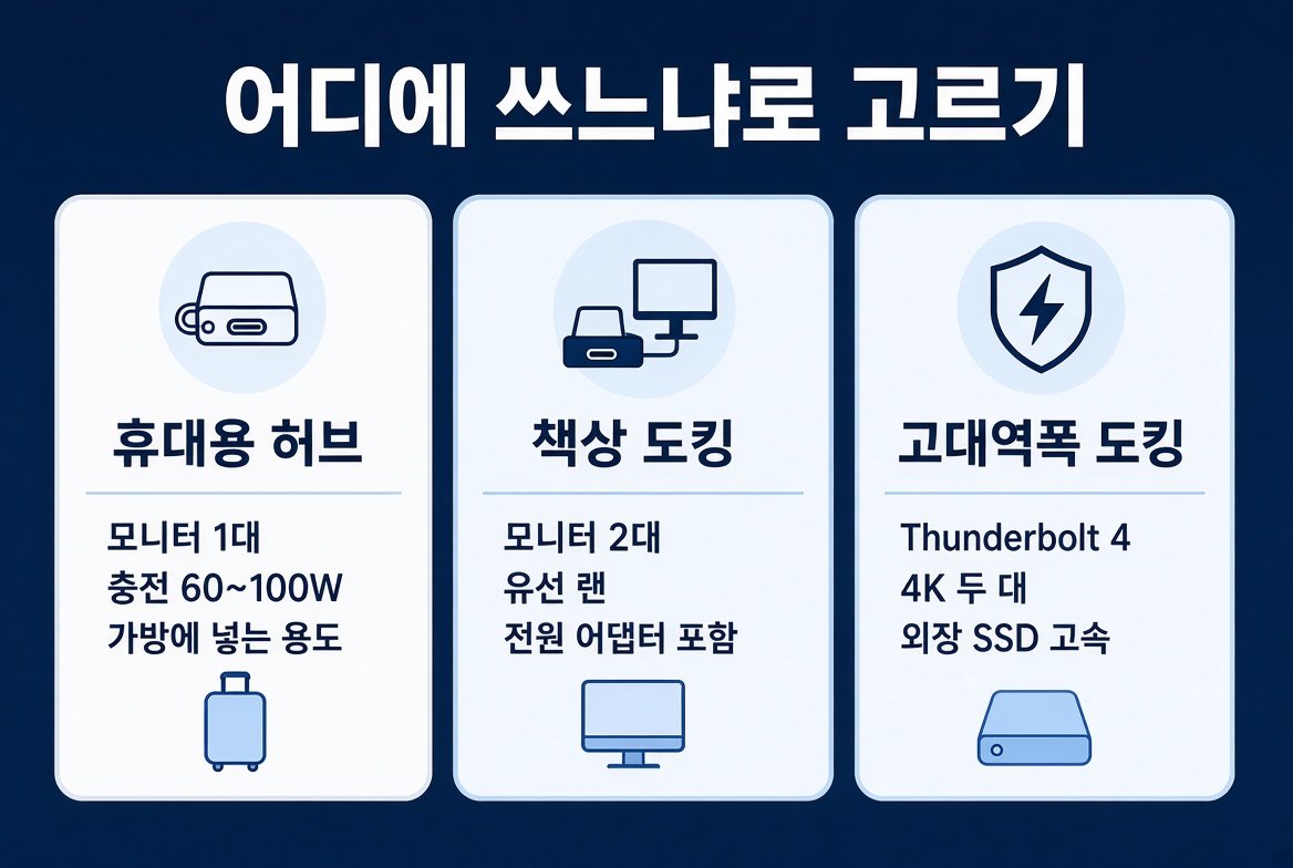휴대용 허브, 책상 도킹, Thunderbolt 4 고대역폭 도킹을 용도별로 나눈 선택 안내