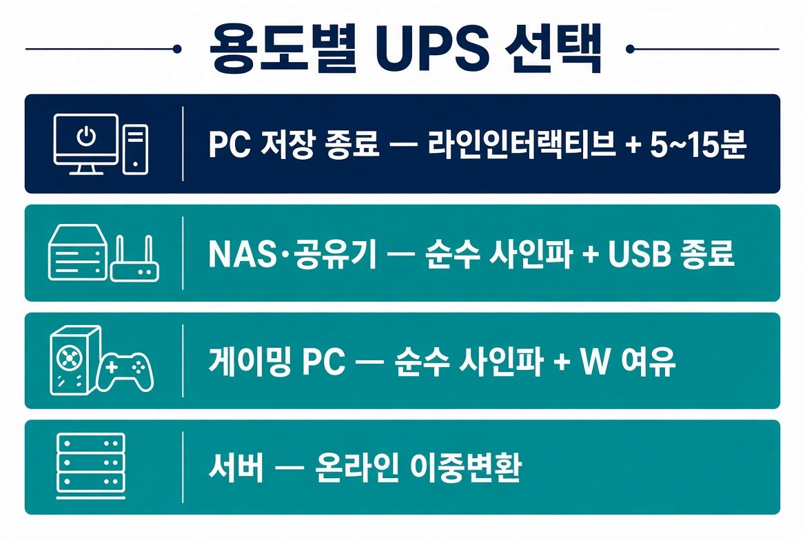 용도별 UPS 선택. PC 저장 종료, NAS와 공유기, 게이밍 PC, 서버 기준