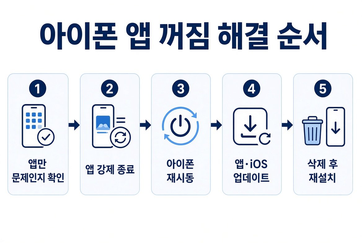 아이폰 앱 꺼짐 해결 순서 인포그래픽. 앱만 문제인지 확인, 앱 강제 종료, 아이폰 재시동, 앱과 iOS 업데이트, 삭제 후 재설치