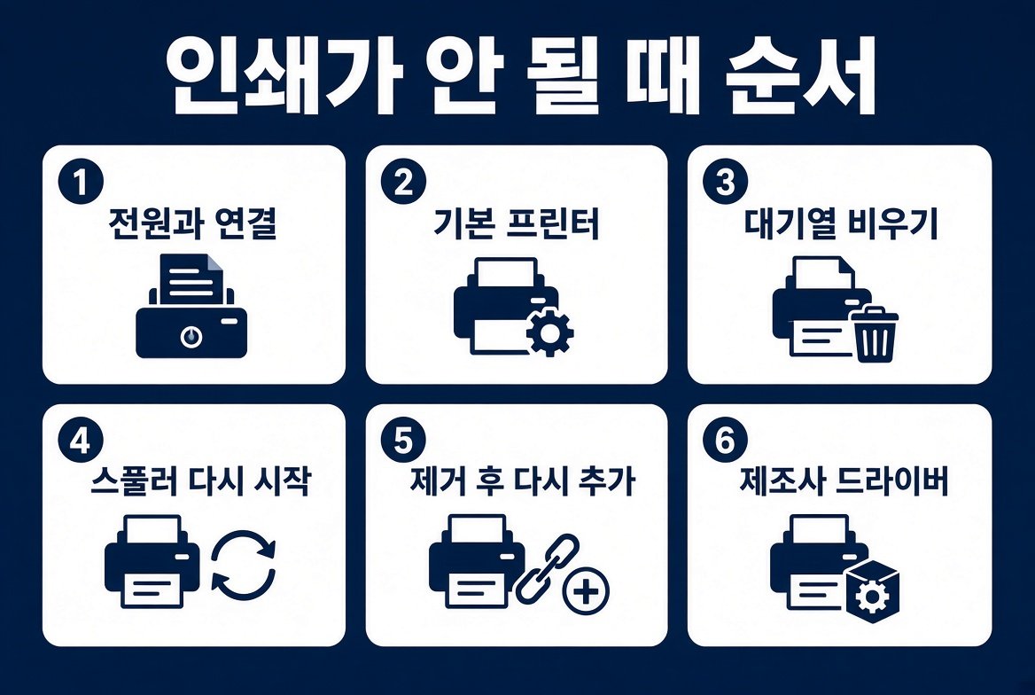 인쇄가 안 될 때 전원과 연결, 기본 프린터, 대기열 비우기, 스풀러 다시 시작, 제거 후 다시 추가, 제조사 드라이버 여섯 단계 순서 카드
