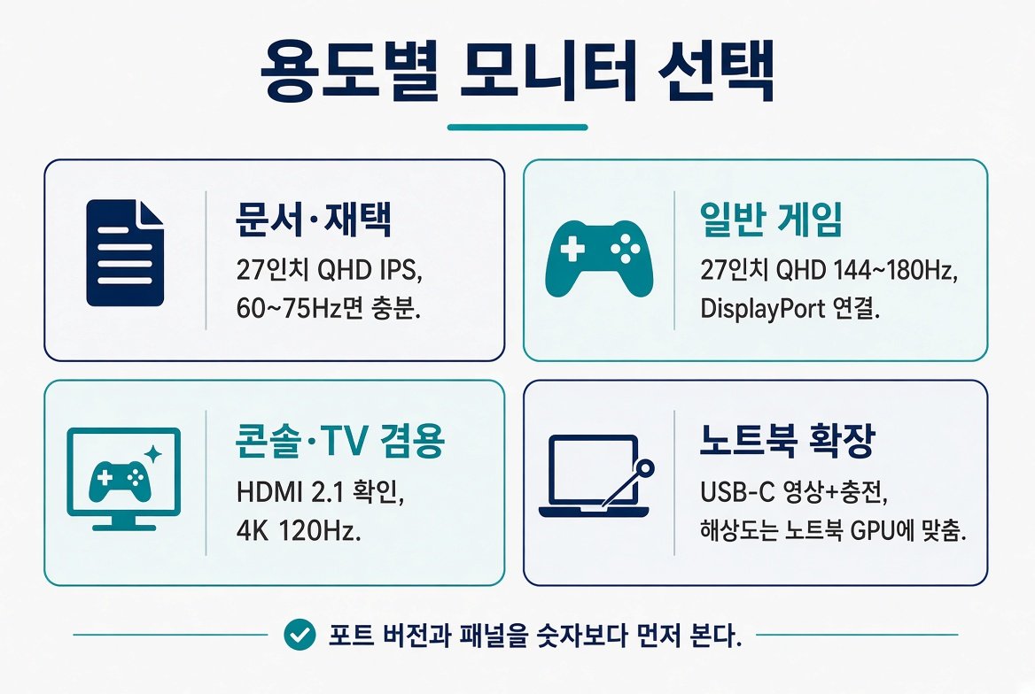 용도별 모니터 선택 안내: 문서 재택, 일반 게임, 콘솔 TV 겸용, 노트북 확장