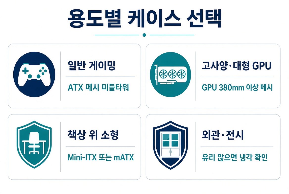 용도별 PC 케이스 선택 요약, 게이밍·대형 GPU·소형·전시