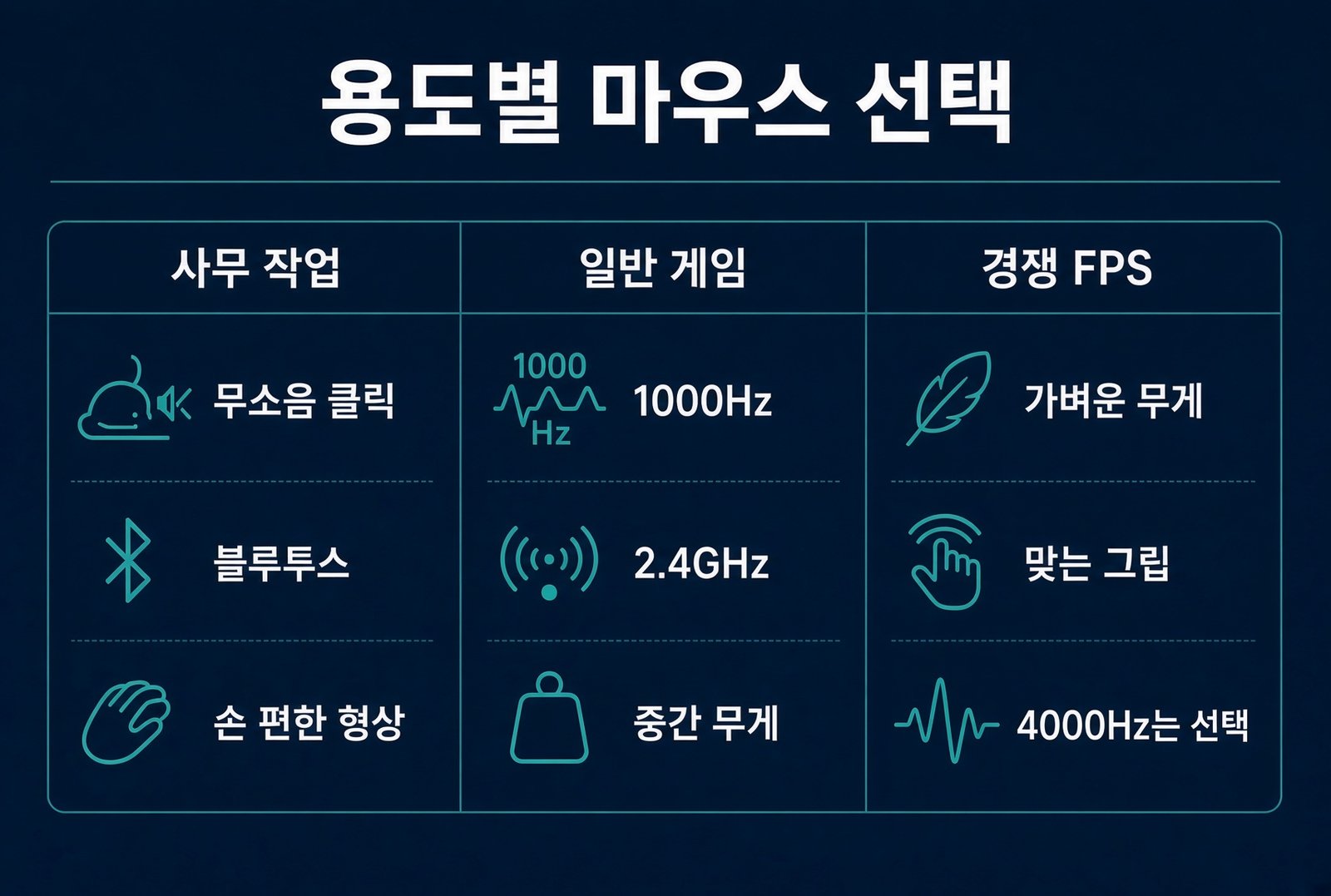 사무 작업, 일반 게임, 경쟁 FPS로 나눈 용도별 마우스 선택 기준